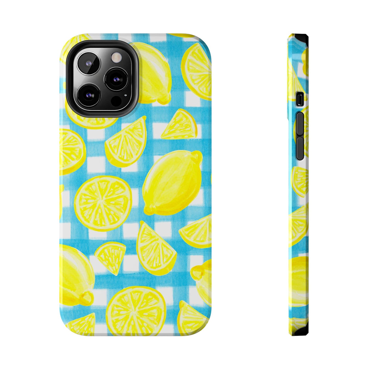 Yellow Lemons & Turquoise Gingham Watercolor Illustrated Tough Phone Case | Various Models Available