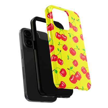Tossed Red Watercolor Cherries Illustrated Pattern Bright Yellow Tough Phone Case | Various Models