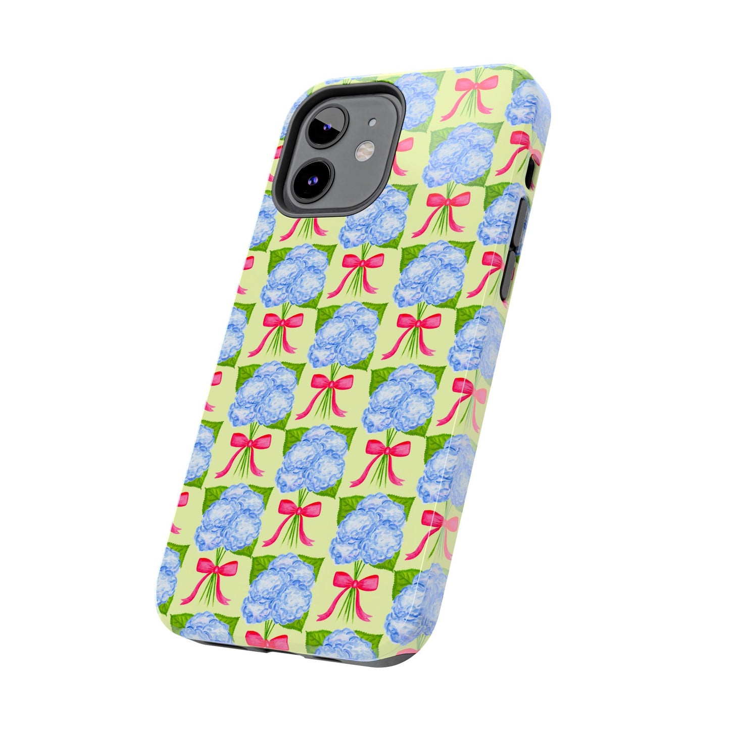 Blue Watercolor Hydrangea Bouquets with Hot Pink Bows Illustrated Patterned Yellow Preppy Grand Millenial Tough Phone Case | Various Models