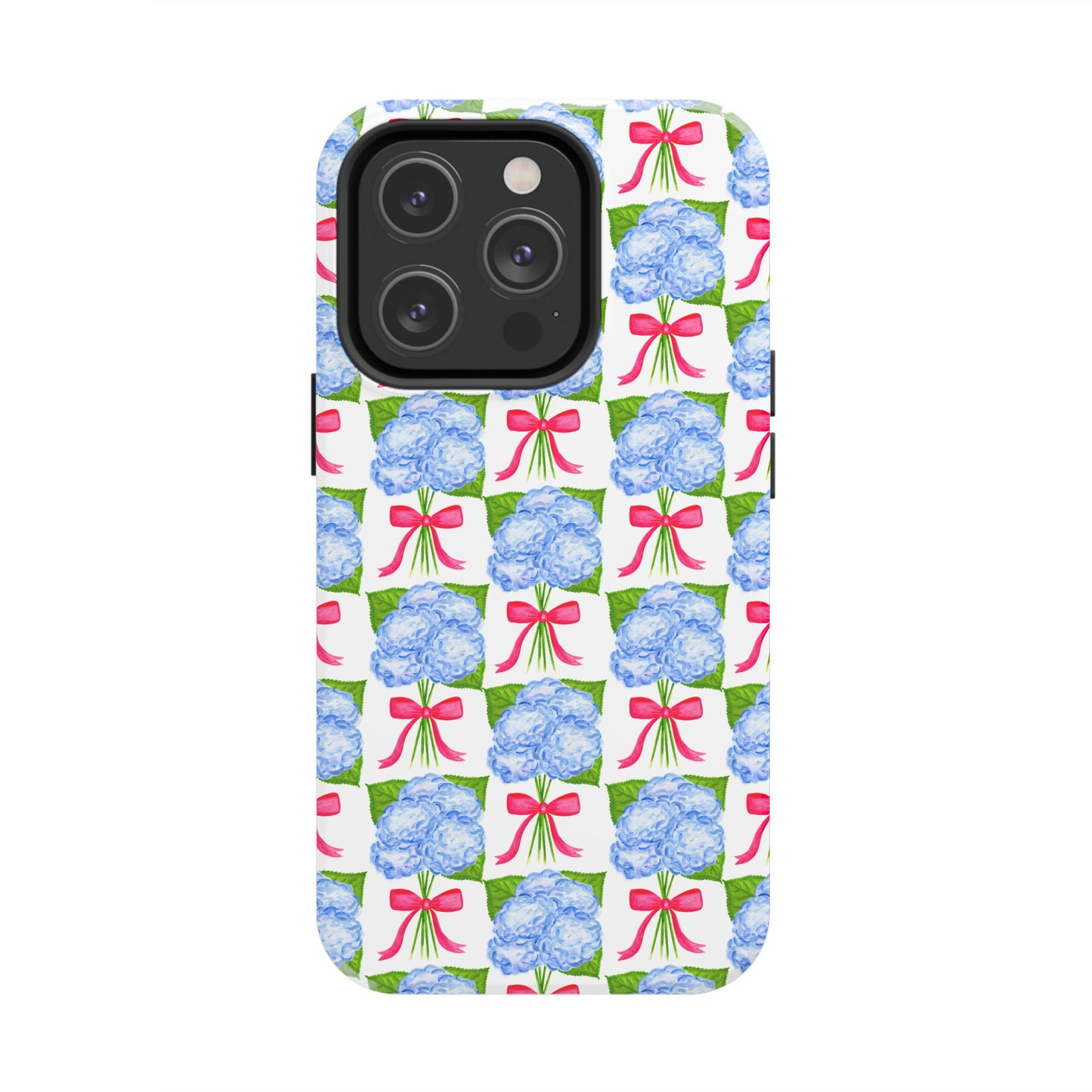 Blue Watercolor Hydrangea Bouquets with Hot Pink Bows Illustrated Patterned Tough Phone Case | Various Models