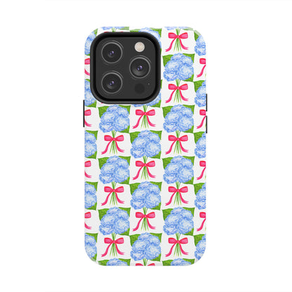 Blue Watercolor Hydrangea Bouquets with Hot Pink Bows Illustrated Patterned Tough Phone Case | Various Models