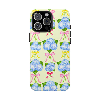 Blue Hydrangeas with Hot Pink, Yellow, Light Pink Bows Watercolor Illustrated Patterned Light Yellow Tough Phone Case | Various Models