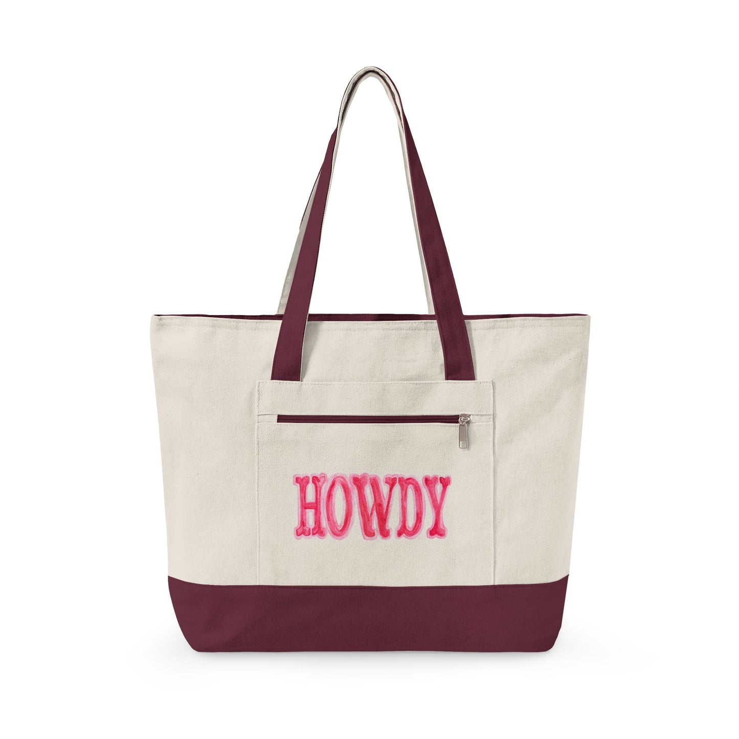 Hot Pink Howdy Watercolor Printed Zippered Canvas Tote 18" x 14" | Various Colors