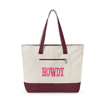 Hot Pink Howdy Watercolor Printed Zippered Canvas Tote 18" x 14" | Various Colors