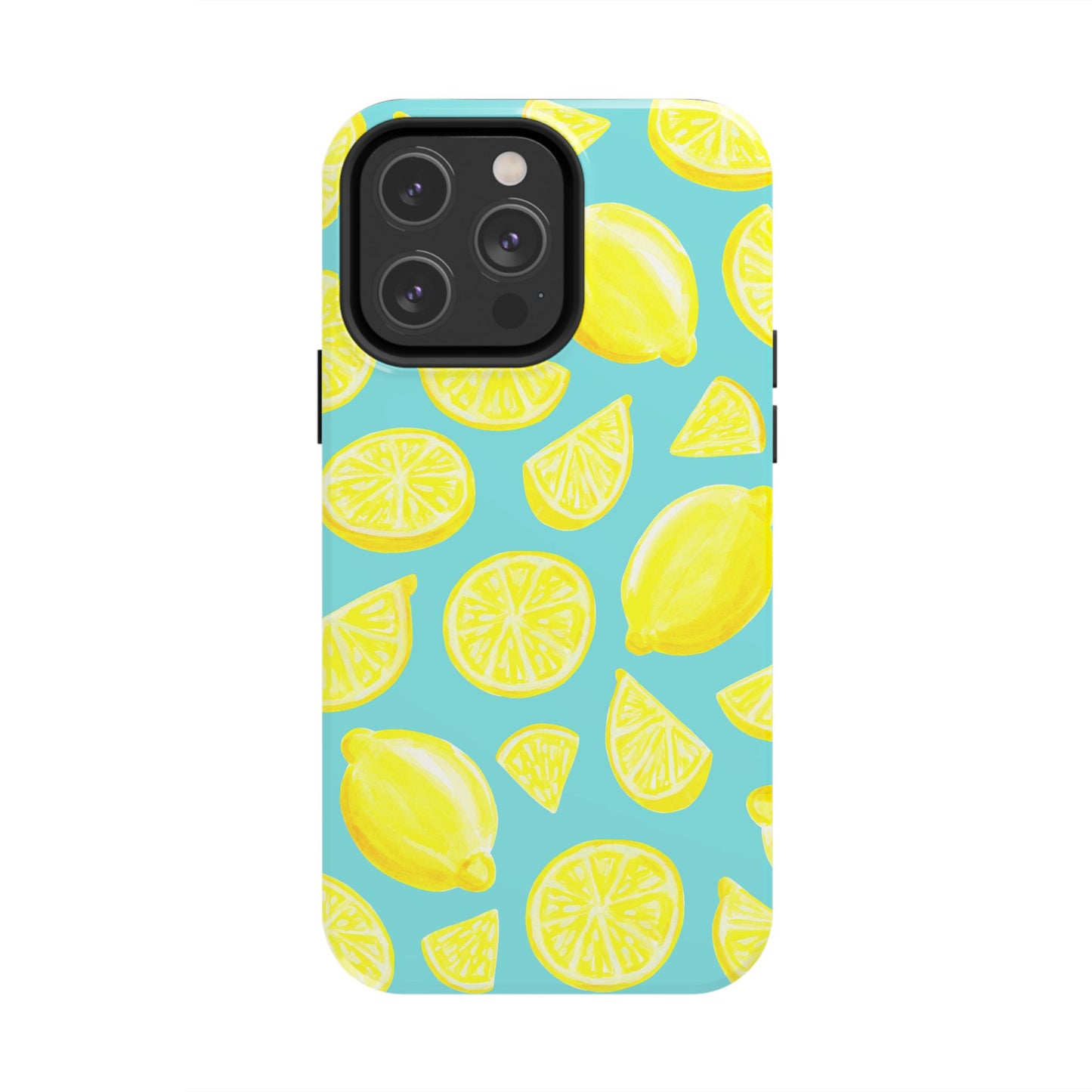 Bright Yellow Lemons Watercolor Illustrated Tossed Pattern Turquoise Blue Tough Phone Case | Various Models