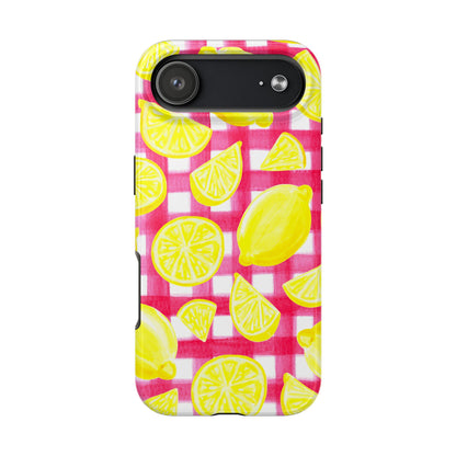 Yellow Lemons & Hot Pink Gingham Watercolor Illustrated Tough Phone Case | Various Models Available