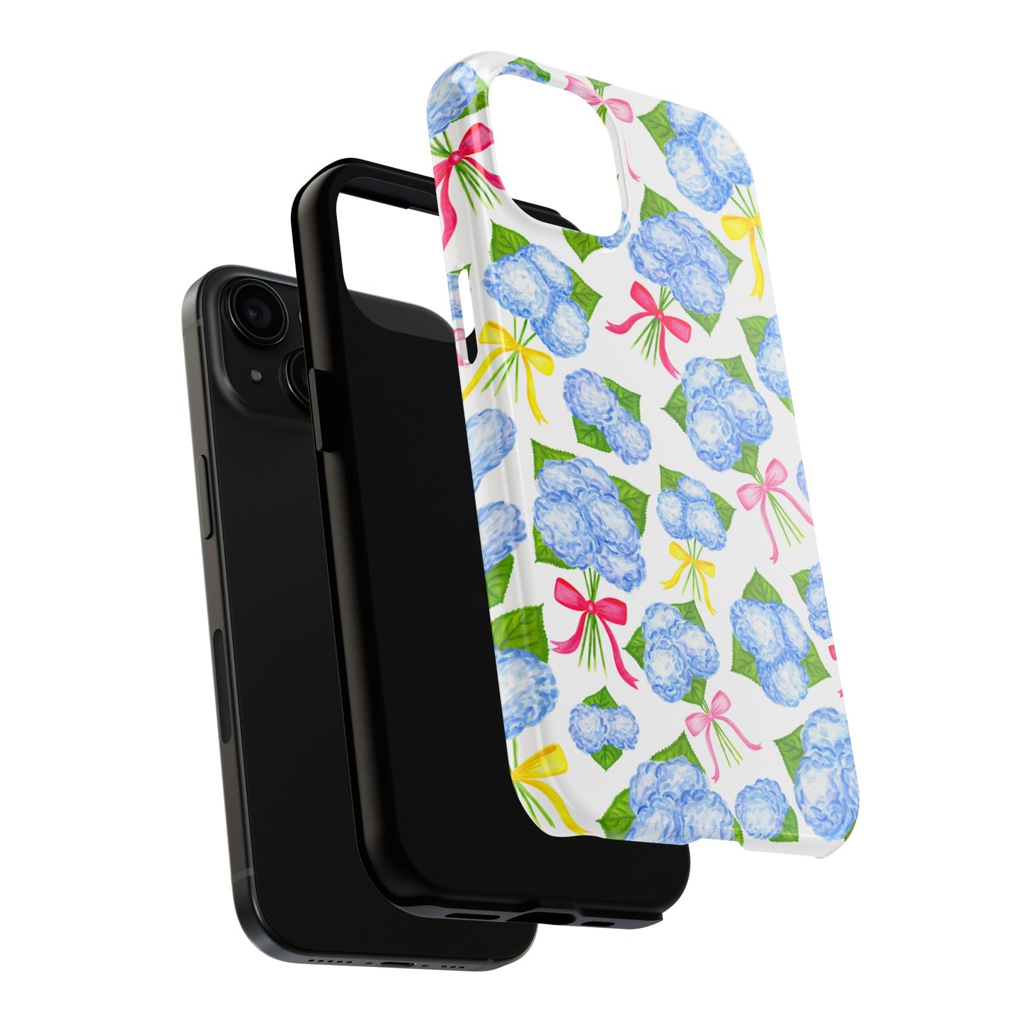 Blue Watercolor Hydrangea Bunches with Hot Pink, Yellow, Light Pink Bows Illustrated Patterned Tough Phone Case | Various Models