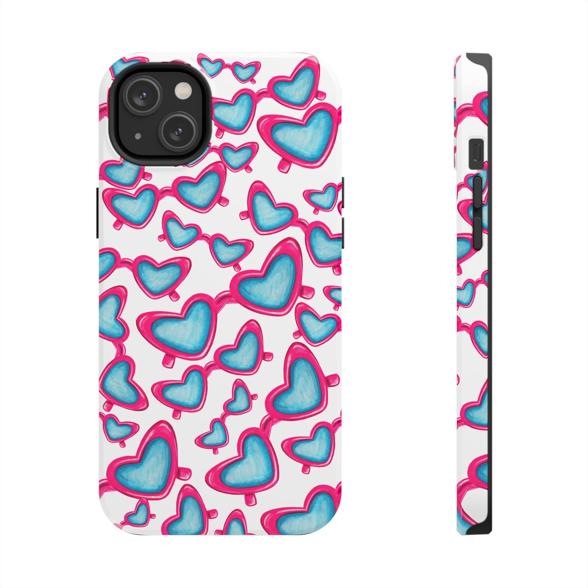 Pink & Blue Heart Shaped Sunglasses Watercolor Illustrated Tossed Pattern Tough Case | Various Models iPhone 14 Plus