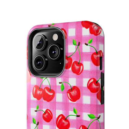 Tossed Red Watercolor Cherries Illustrated Pattern Light Pink Gingham Tough Phone Case | Various Models