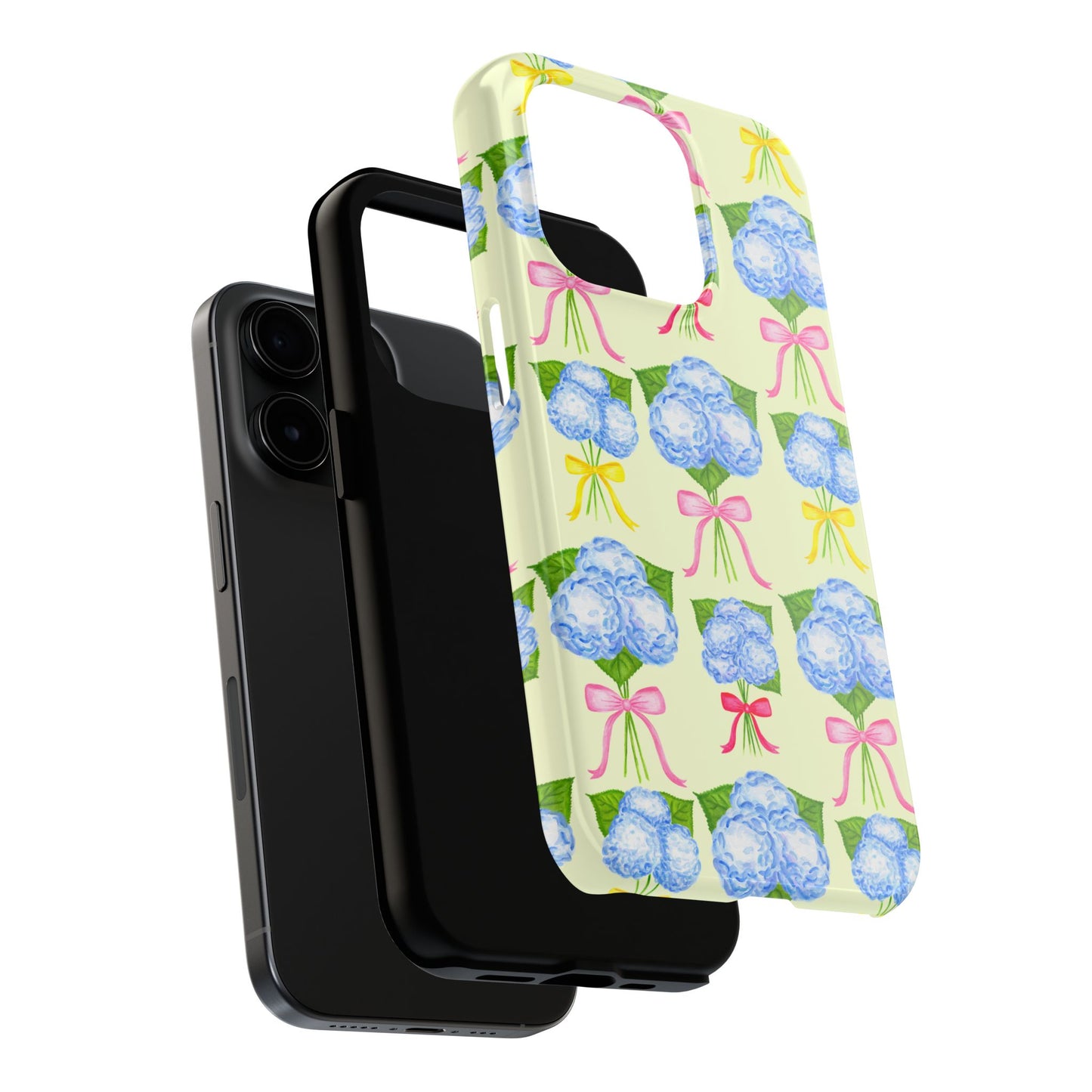 Blue Hydrangeas with Hot Pink, Yellow, Light Pink Bows Watercolor Illustrated Patterned Light Yellow Tough Phone Case | Various Models
