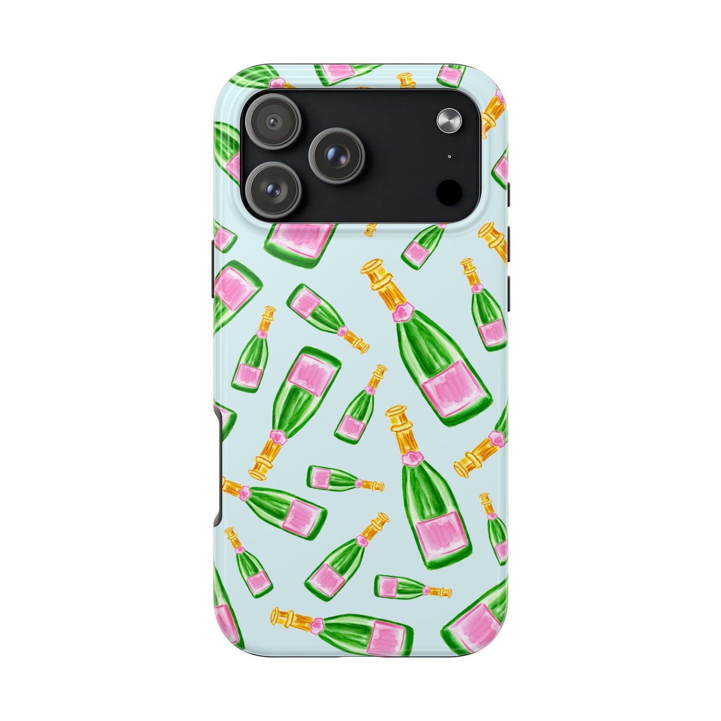 Tossed Pink and Green Watercolor Illustrated Champagne Bottles Pattern Light Blue Tough Phone Case | Various Models