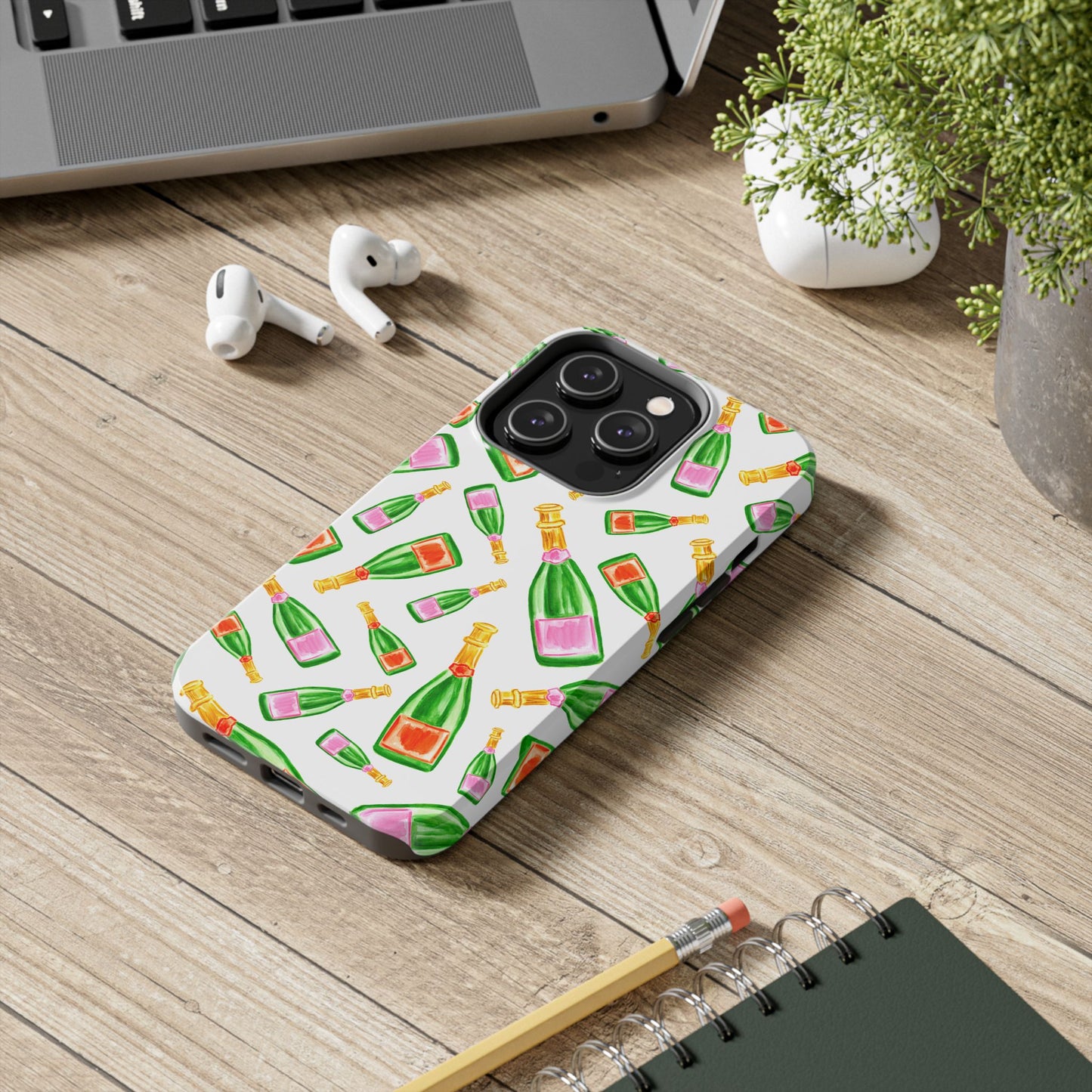 Tossed Pink and Green & Orange and Green Watercolor Illustrated Champagne Bottles Pattern Tough Phone Case | Various Models