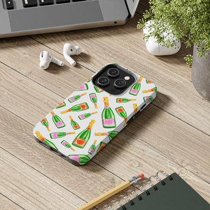 Tossed Pink and Green & Orange and Green Watercolor Illustrated Champagne Bottles Pattern Tough Phone Case | Various Models