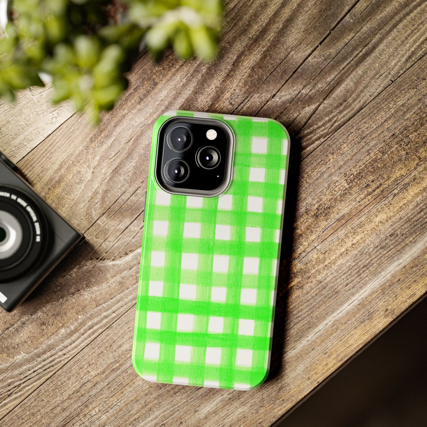 Lime Green Gingham Watercolor Illustrated Tough Phone Case | Various Models Available