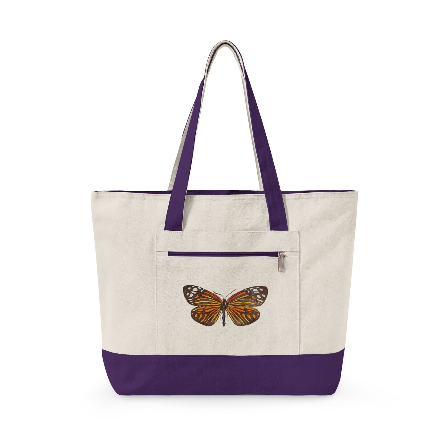 Orange & Black Watercolor Butterfly Printed Zippered Canvas Tote 18" x 14" | Various Colors 18" x 14" x 4.5" Natural Purple