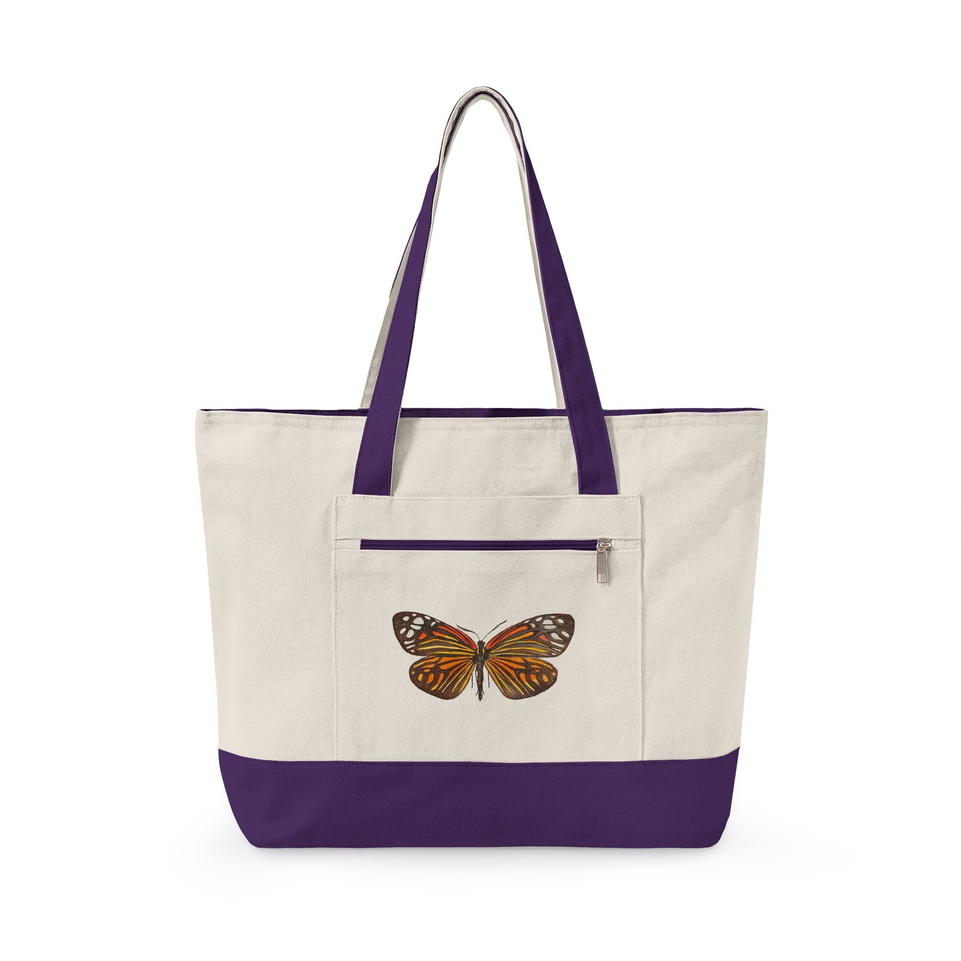 Orange & Black Watercolor Butterfly Printed Zippered Canvas Tote 18" x 14" | Various Colors 18" x 14" x 4.5" Natural Purple