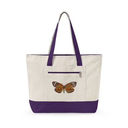 Orange & Black Watercolor Butterfly Printed Zippered Canvas Tote 18" x 14" | Various Colors 18" x 14" x 4.5" Natural Purple