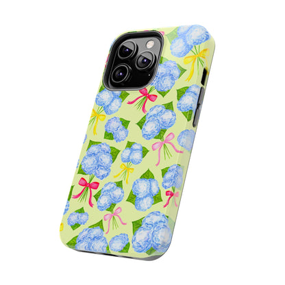 Blue Watercolor Hydrangea Bunches with Hot Pink, Yellow, Light Pink Bows Illustrated Patterned Yellow Tough Phone Case | Various Models
