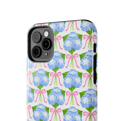 Blue Watercolor Hydrangea Bouqets with Light Pink Bows Watercolor Illustrated Patterned Tough Phone Case | Various Models