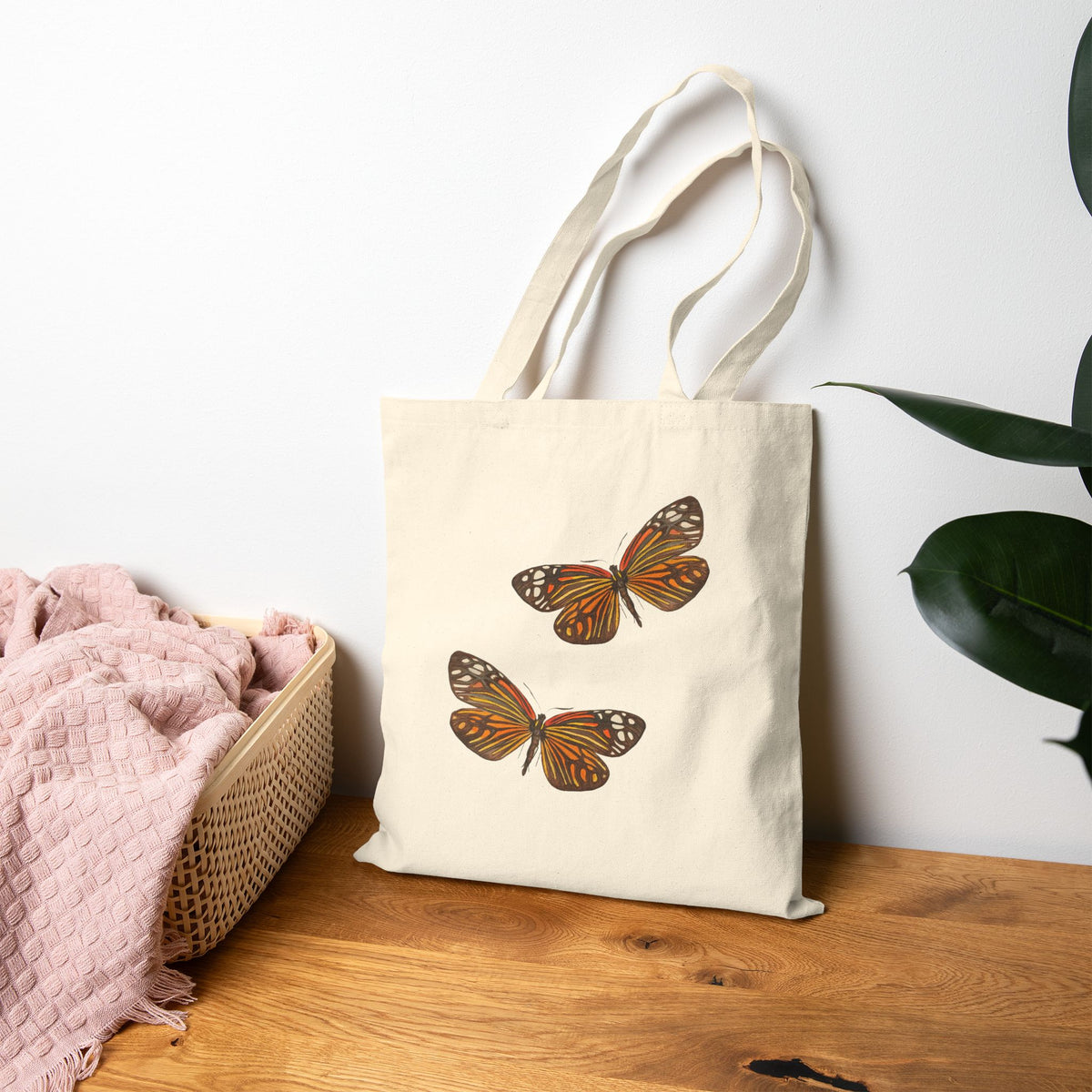 Canvas Book Tote | Orange and Black Butterfly Watercolor Duo Printed Farmers Market Tote | Coastal Preppy Gift Natural 15" x 16"