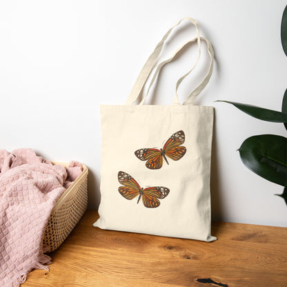 Canvas Book Tote | Orange and Black Butterfly Watercolor Duo Printed Farmers Market Tote | Coastal Preppy Gift Natural 15" x 16"