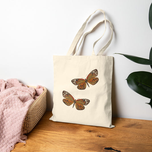 Canvas Book Tote | Orange and Black Butterfly Watercolor Duo Printed Farmers Market Tote | Coastal Preppy Gift Natural 15" x 16"