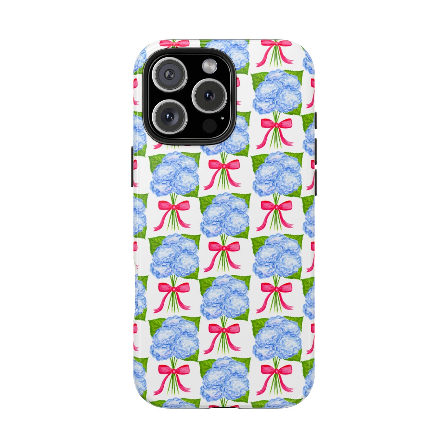 Blue Watercolor Hydrangea Bouquets with Hot Pink Bows Illustrated Patterned Tough Phone Case | Various Models