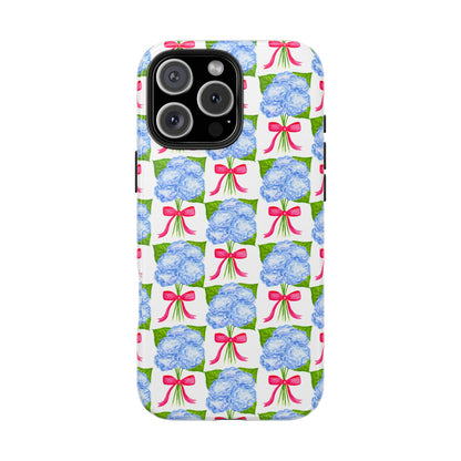 Blue Watercolor Hydrangea Bouquets with Hot Pink Bows Illustrated Patterned Tough Phone Case | Various Models