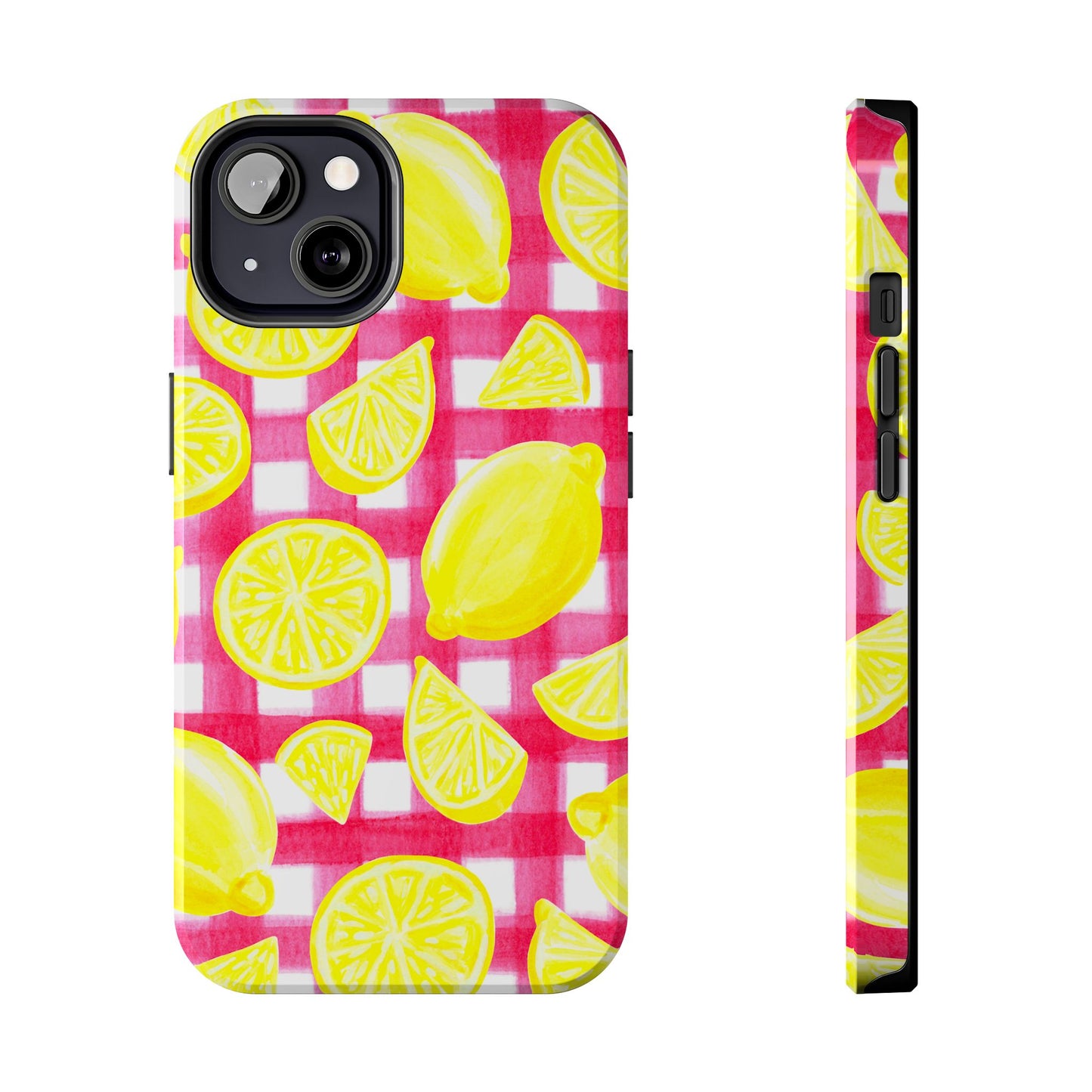 Yellow Lemons & Hot Pink Gingham Watercolor Illustrated Tough Phone Case | Various Models Available