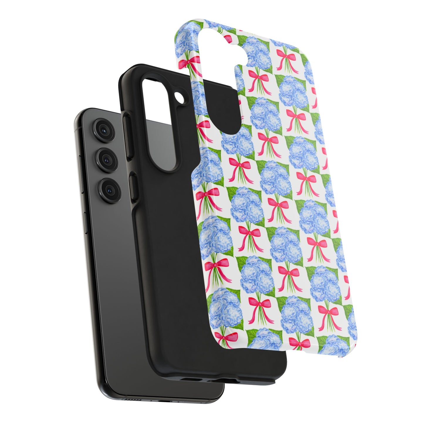 Blue Watercolor Hydrangea Bouquets with Hot Pink Bows Illustrated Patterned Tough Phone Case | Various Models