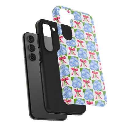 Blue Watercolor Hydrangea Bouquets with Hot Pink Bows Illustrated Patterned Tough Phone Case | Various Models