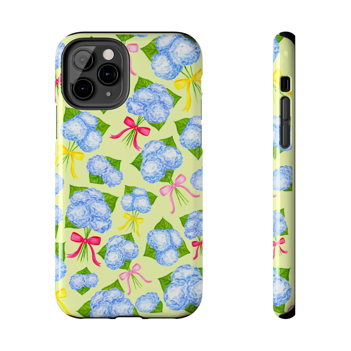 Blue Watercolor Hydrangea Bunches with Hot Pink, Yellow, Light Pink Bows Illustrated Patterned Yellow Tough Phone Case | Various Models
