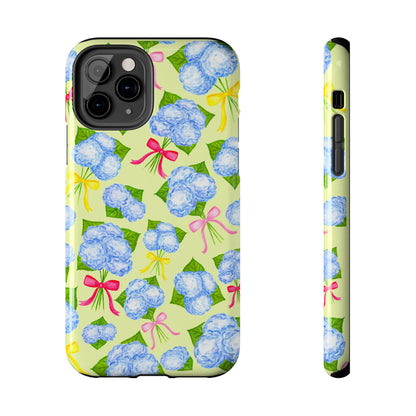 Blue Watercolor Hydrangea Bunches with Hot Pink, Yellow, Light Pink Bows Illustrated Patterned Yellow Tough Phone Case | Various Models