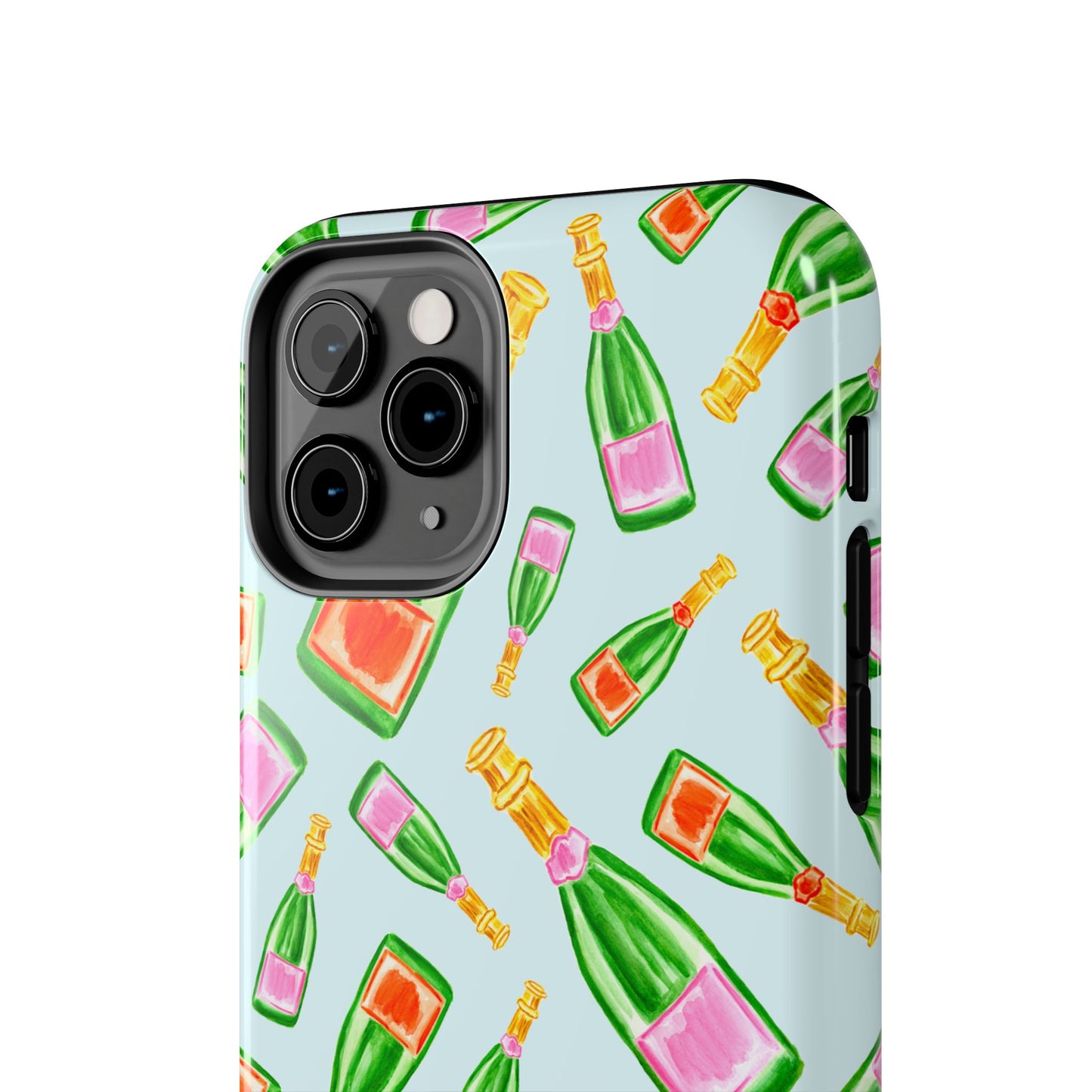 Tossed Pink and Green & Orange and Green Watercolor Illustrated Champagne Bottles Pattern Light Blue Tough Phone Case | Various Models