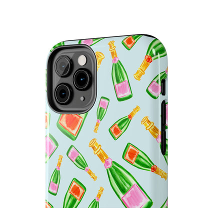 Tossed Pink and Green & Orange and Green Watercolor Illustrated Champagne Bottles Pattern Light Blue Tough Phone Case | Various Models