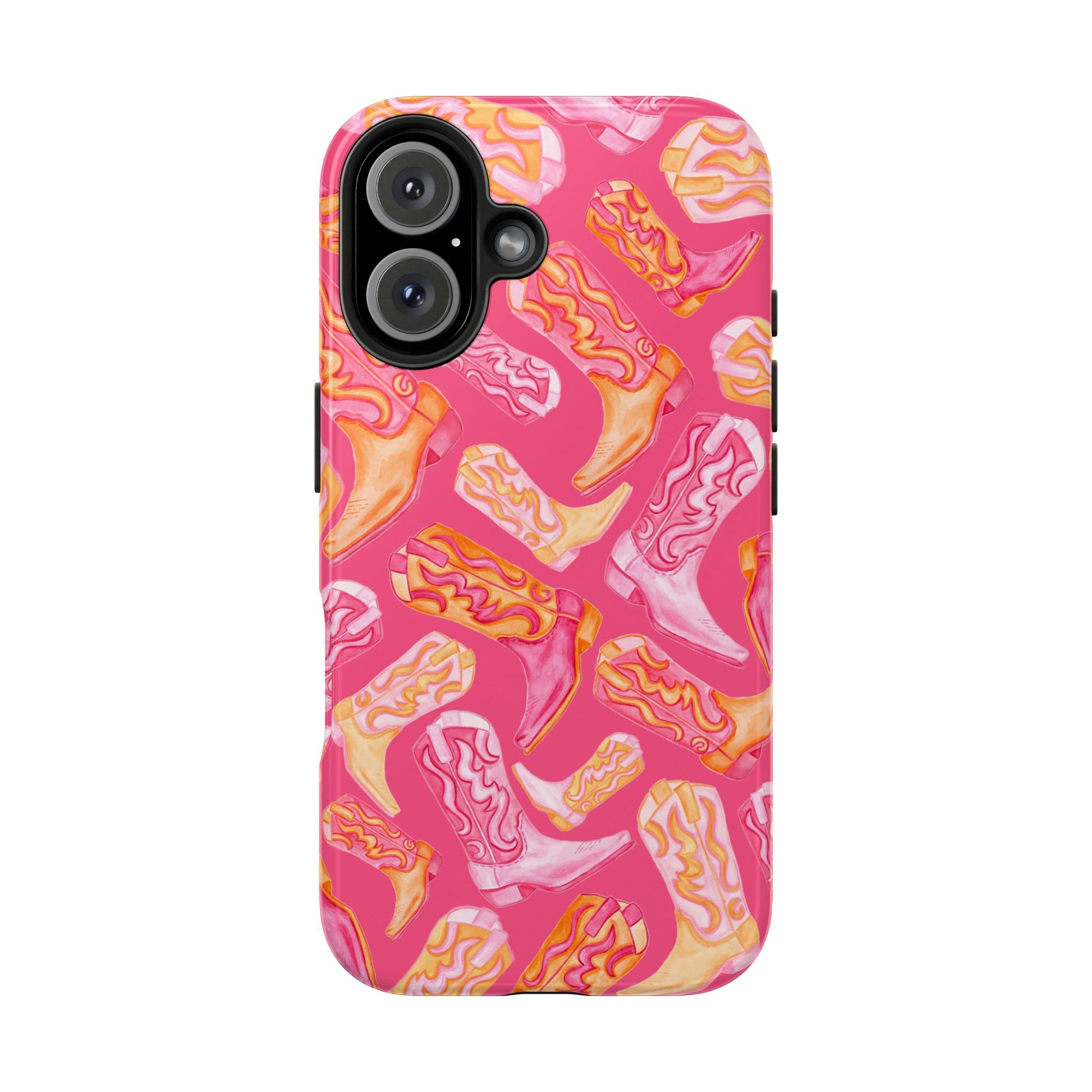 Tossed Hot Pink & Orange Watercolor Cowboy Boots Hot Pink Tough Phone Cases | Various Models iPhone 16
