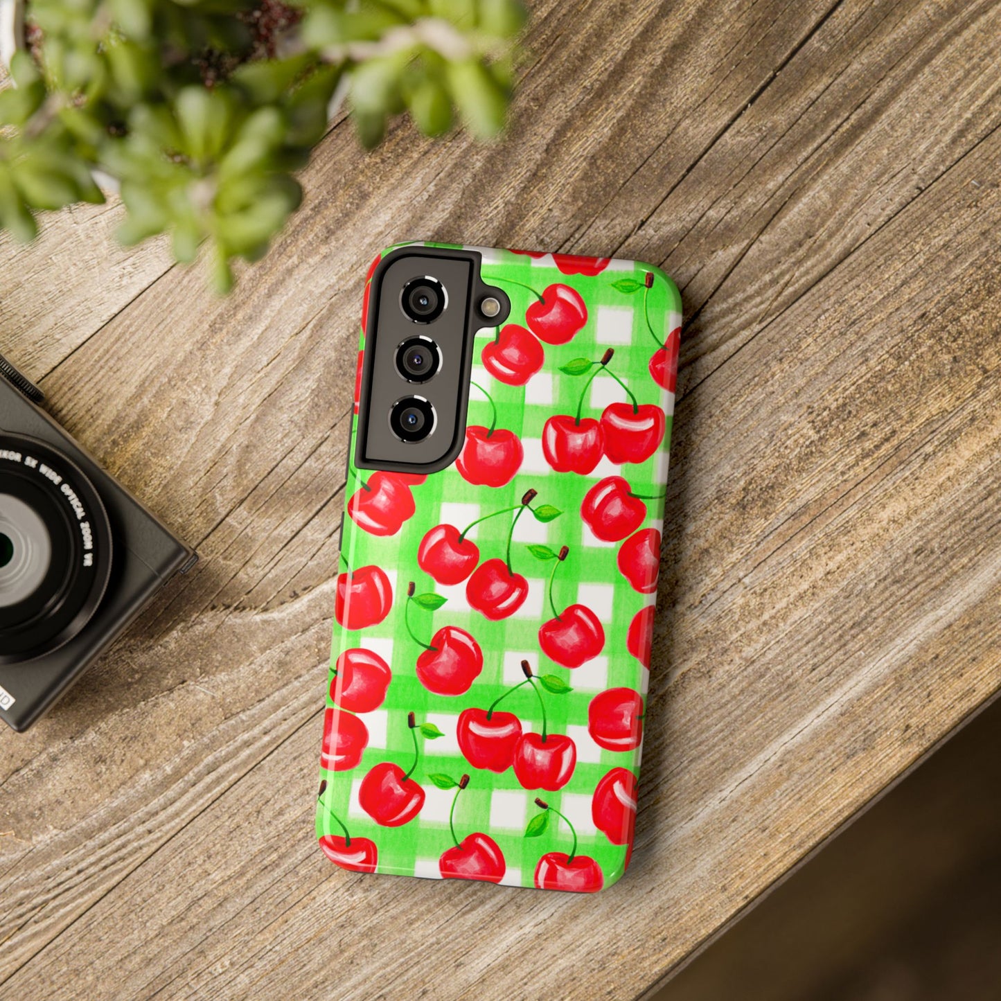 Red Tossed Cherries Green Gingham Watercolor Illustrated Tough Phone Case | Various Models Available