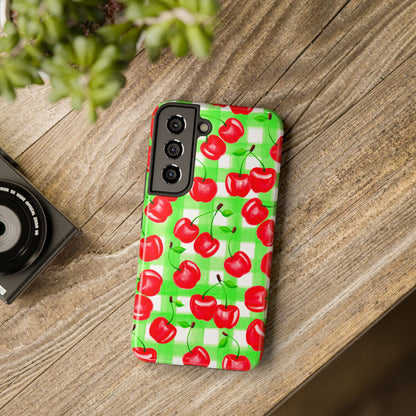 Red Tossed Cherries Green Gingham Watercolor Illustrated Tough Phone Case | Various Models Available