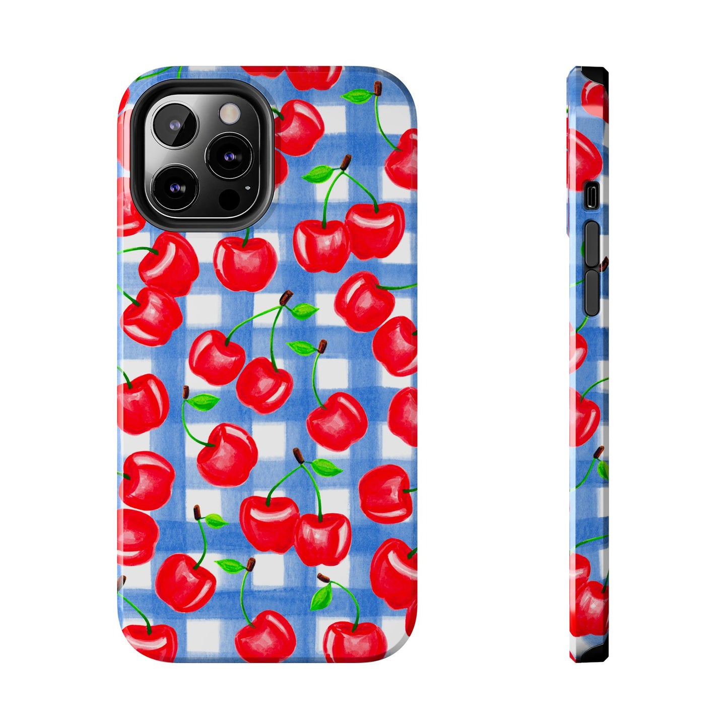 Tossed Red Cherries Blue Gingham Checkered Watercolor Illustrated Tough Phone Case | Various Models