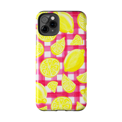 Yellow Lemons & Hot Pink Gingham Watercolor Illustrated Tough Phone Case | Various Models Available