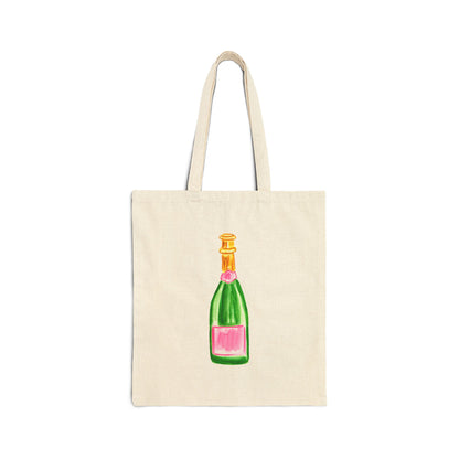 Canvas Tote | Pink & Green Watercolor Champagne Bottle Farmers Market Tote | Cocktail Bachelorette Gift Hostess