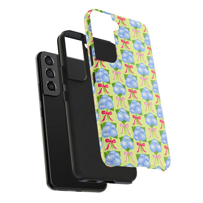 Watercolor Blue Hydrangea Bouquets with Hot Pink and Light Pink Bow Ribbons Illustrated Pattern Yellow Tough Phone Case | Various Models