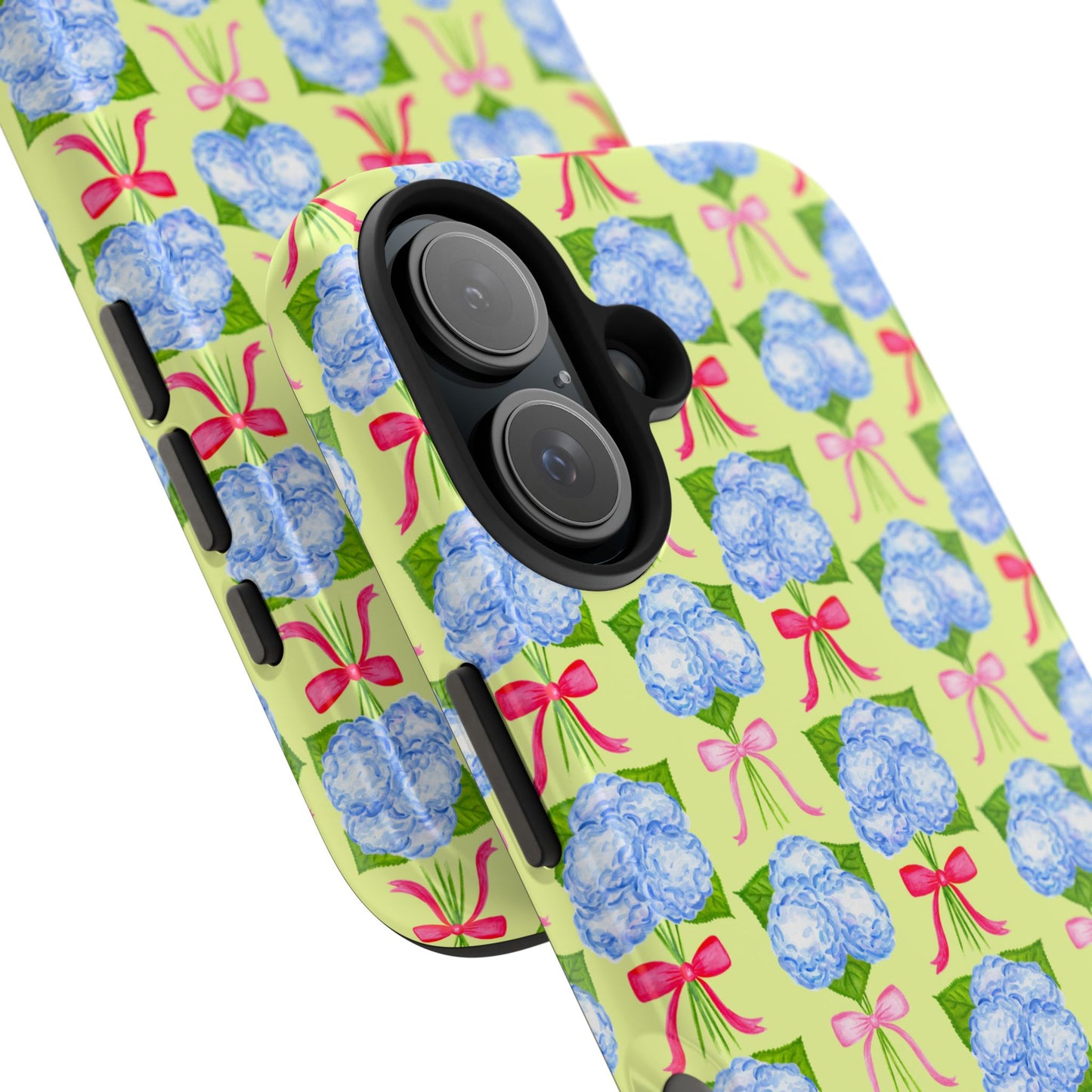 Watercolor Blue Hydrangea Bouquets with Hot Pink and Light Pink Bow Ribbons Illustrated Pattern Yellow Tough Phone Case | Various Models