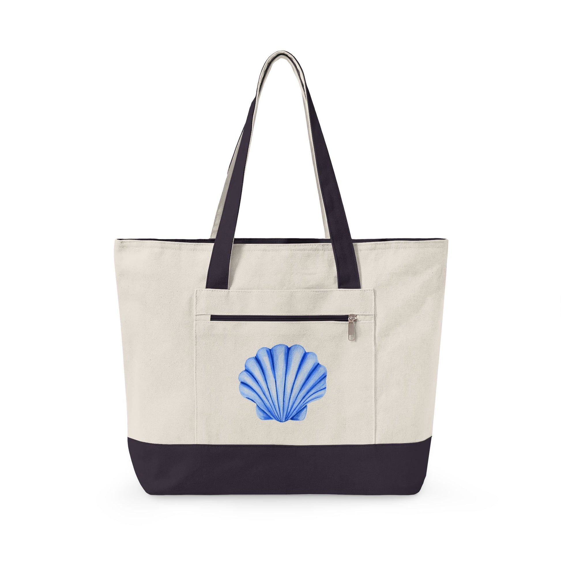 Blue Watercolor Seashell Printed Zippered Canvas Tote 18" x 14" | Various Colors 18" x 14" x 4.5" Natural Navy
