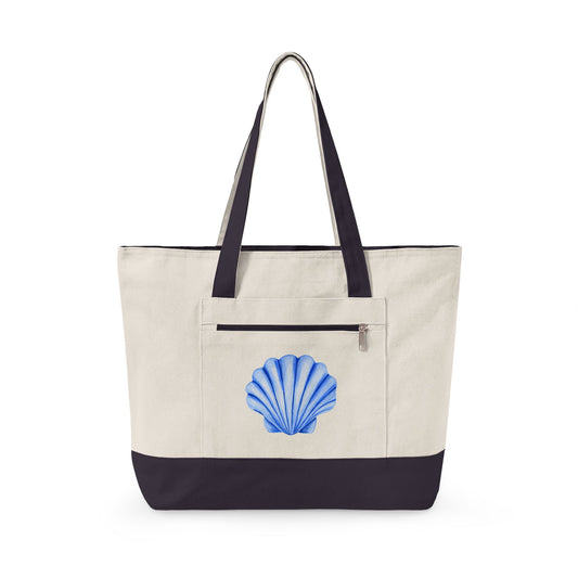 Blue Watercolor Seashell Printed Zippered Canvas Tote 18" x 14" | Various Colors 18" x 14" x 4.5" Natural Navy
