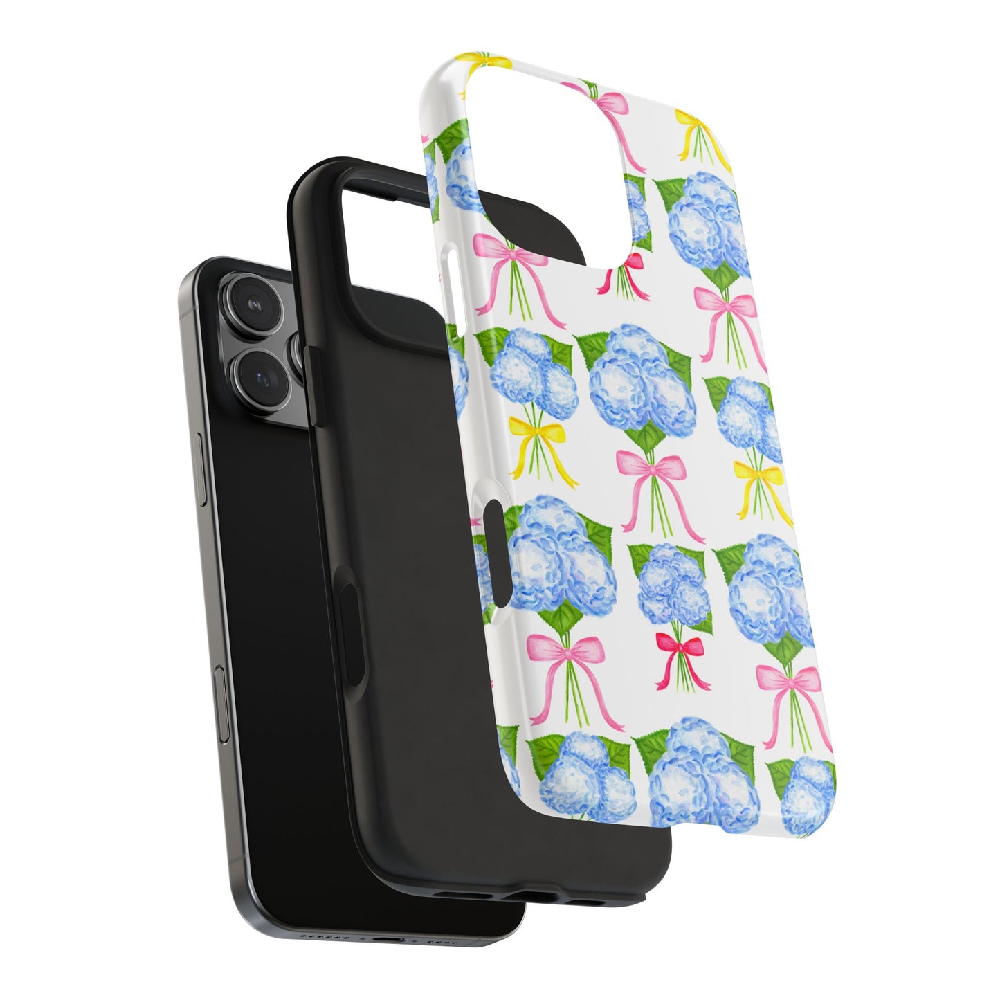 Blue Hydrangeas with Hot Pink, Yellow, Light Pink Bows Watercolor Illustrated Patterned Tough Phone Case | Various Models