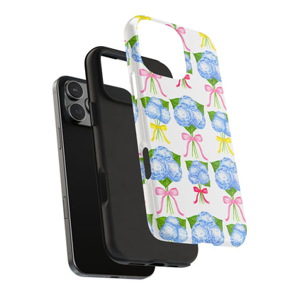 Blue Hydrangeas with Hot Pink, Yellow, Light Pink Bows Watercolor Illustrated Patterned Tough Phone Case | Various Models