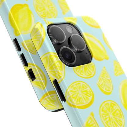 Bright Yellow Lemons Watercolor Illustrated Tossed Pattern Light Blue Tough Phone Case | Various Models
