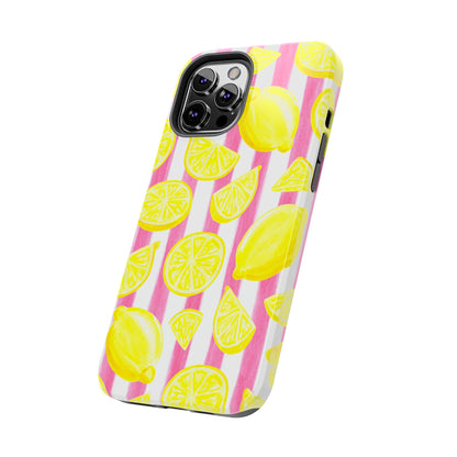 Pink Lemonade Yellow Lemons with Pink & White Watercolor Stripes Tough Phone Case