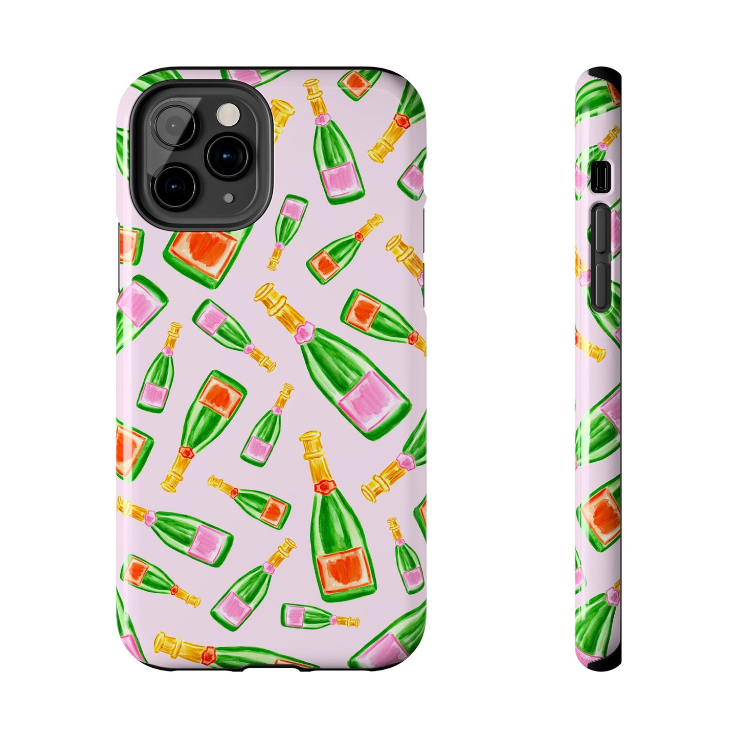 Tossed Pink and Green & Orange and Green Watercolor Illustrated Champagne Bottles Pattern Blush Pink Tough Phone Case | Various Models